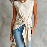 ElevenOra Chic Elegant Beige Cotton Blend Round-Neck Sleeveless Belted Loose-Fit Bow-Tie Detail Vest Top