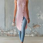 ElevenOra Chic Elegant Pink Round-Neck Sleeveless Slant Single-Breasted Slit Hem Knit Long Vest Top