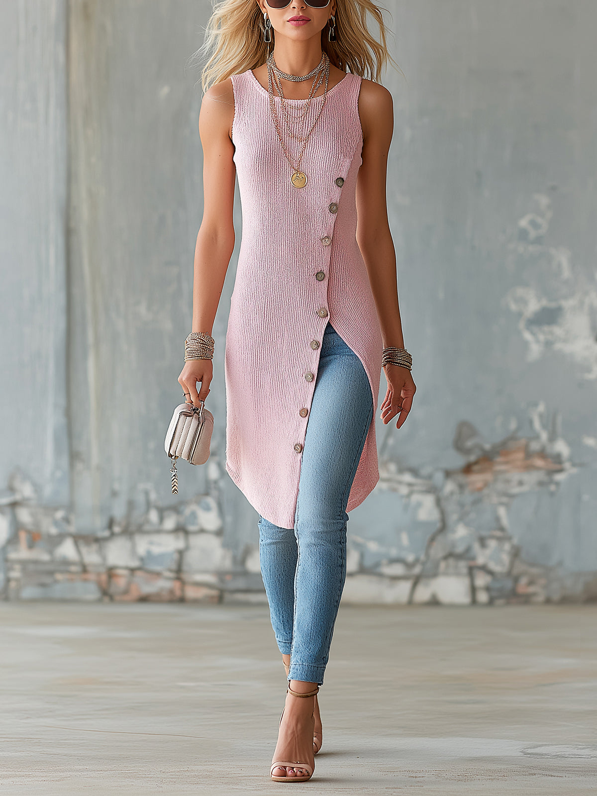 ElevenOra Chic Elegant Pink Round-Neck Sleeveless Slant Single-Breasted Slit Hem Knit Long Vest Top