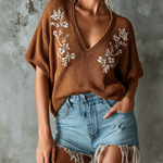 ElevenOra Chic Elegant Caramel V-Neck Floral Embroidery Short-Sleeve Loose-Fit Knit Sweater Top