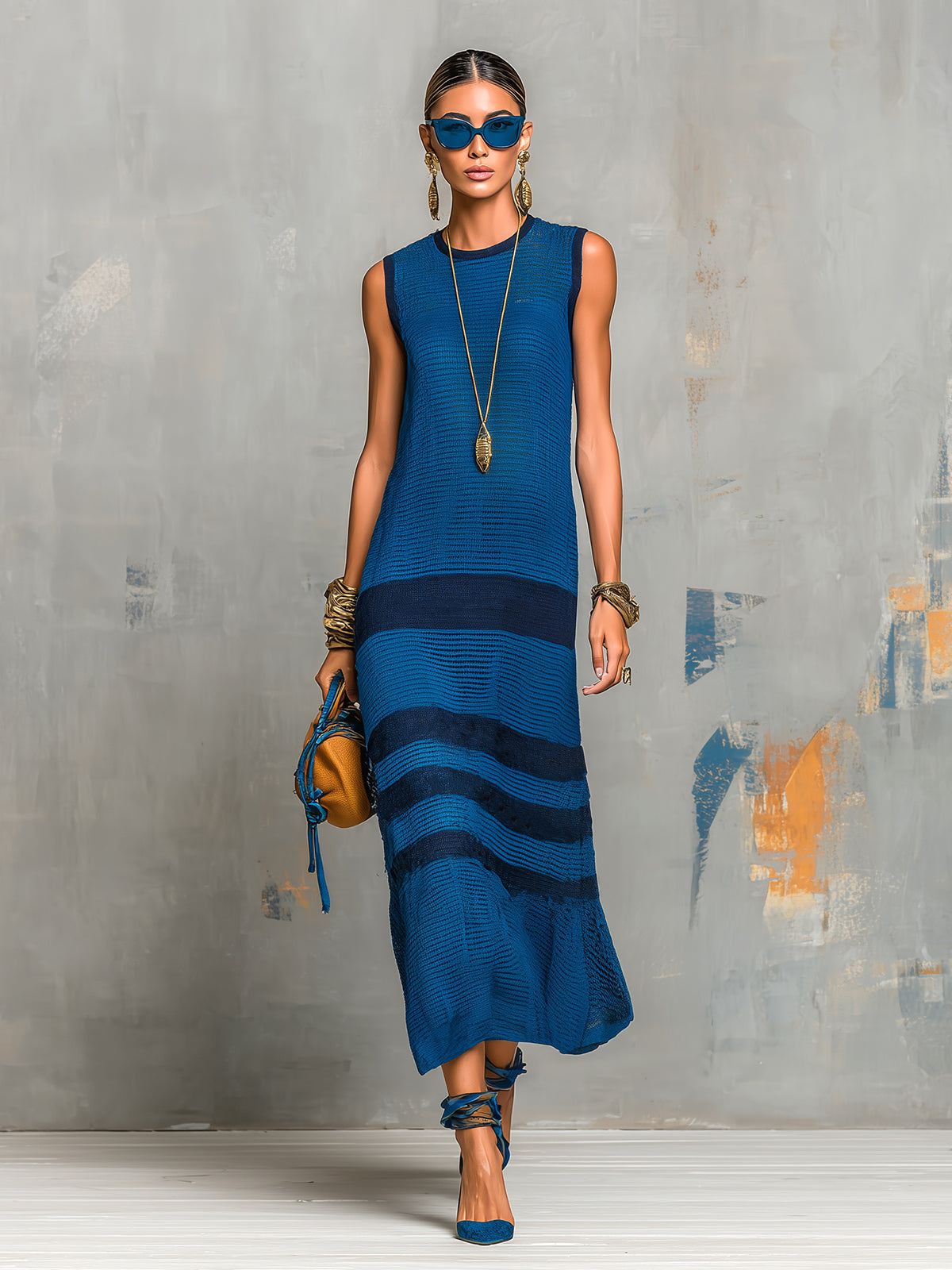 ElevenOra Chic Elegant Royal Blue-Navy Colorblock Round-Neck Sleeveless Loose-Fit Breathable Knit Maxi Dress