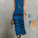 ElevenOra Chic Elegant Royal Blue-Navy Colorblock Round-Neck Sleeveless Loose-Fit Breathable Knit Maxi Dress