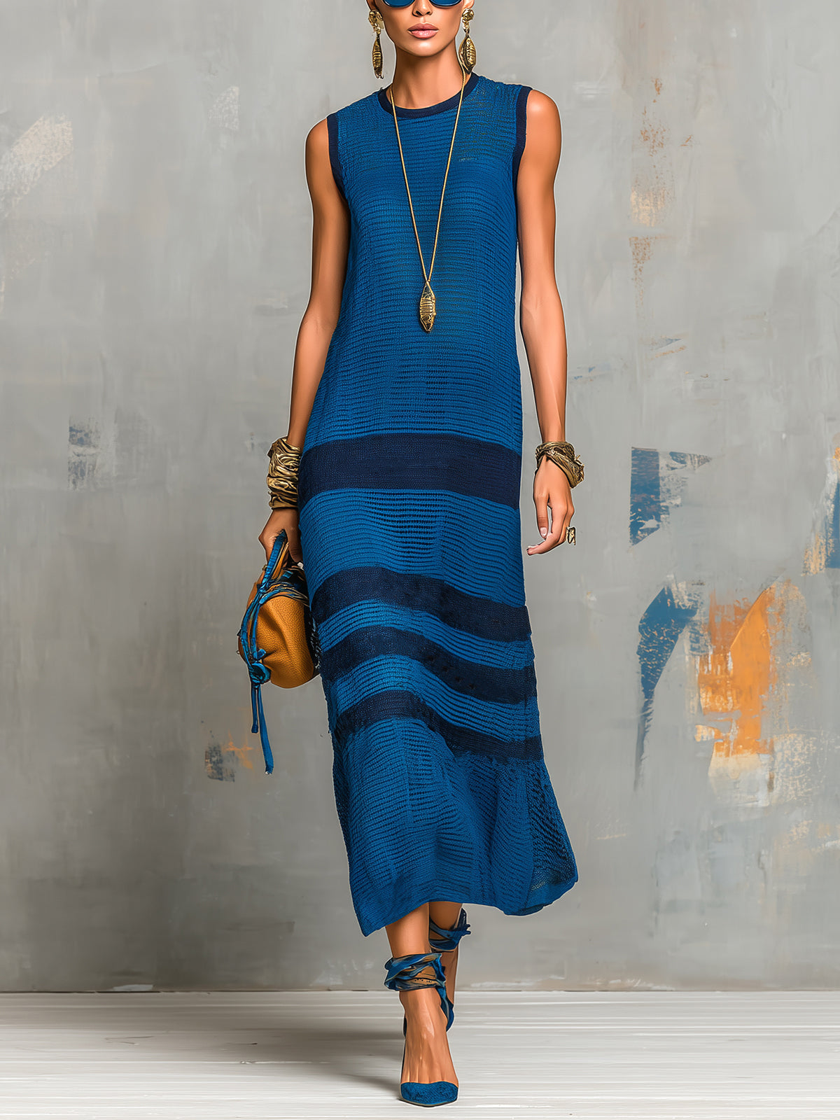 ElevenOra Chic Elegant Royal Blue-Navy Colorblock Round-Neck Sleeveless Loose-Fit Breathable Knit Maxi Dress
