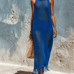 ElevenOra Chic Elegant Klein Blue Round-Neck Sleeveless Fringed Hem Loose-Fit Mesh Holiday Knit Maxi Dress