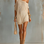 ElevenOra Chic Elegant Light Camel One-Shoulder Short-Sleeve Lace Hem Detail Loose-Fit Ribbed Knit Mini Dress