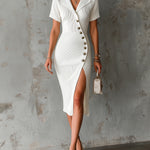 ElevenOra Chic Elegant White Notched Collar Short-Sleeve Single-Breasted Slim-Fit Ribbed Knit Midi Dress