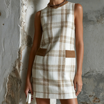 ElevenOra Chic Elegant White-Camel Plaid Round Neck Sleeveless Contrast  Patch Pockets Cotton-Linen Blend Mini Dress