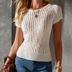ElevenOra Chic Elegant White Round-Neck Short-Sleeve Slim-Fit Mesh Ribbed Knit Sweater Top