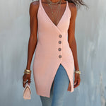 ElevenOra Chic Elegant Pink Spaghetti Straps V-Neck Sleeveless Single-Breasted Long Waffle Knit Vest Top