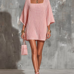 ElevenOra Chic Elegant Pink Square-Neck Half-Flare-Sleeve Oversize A-Line Ribbed Knit Mini Dress