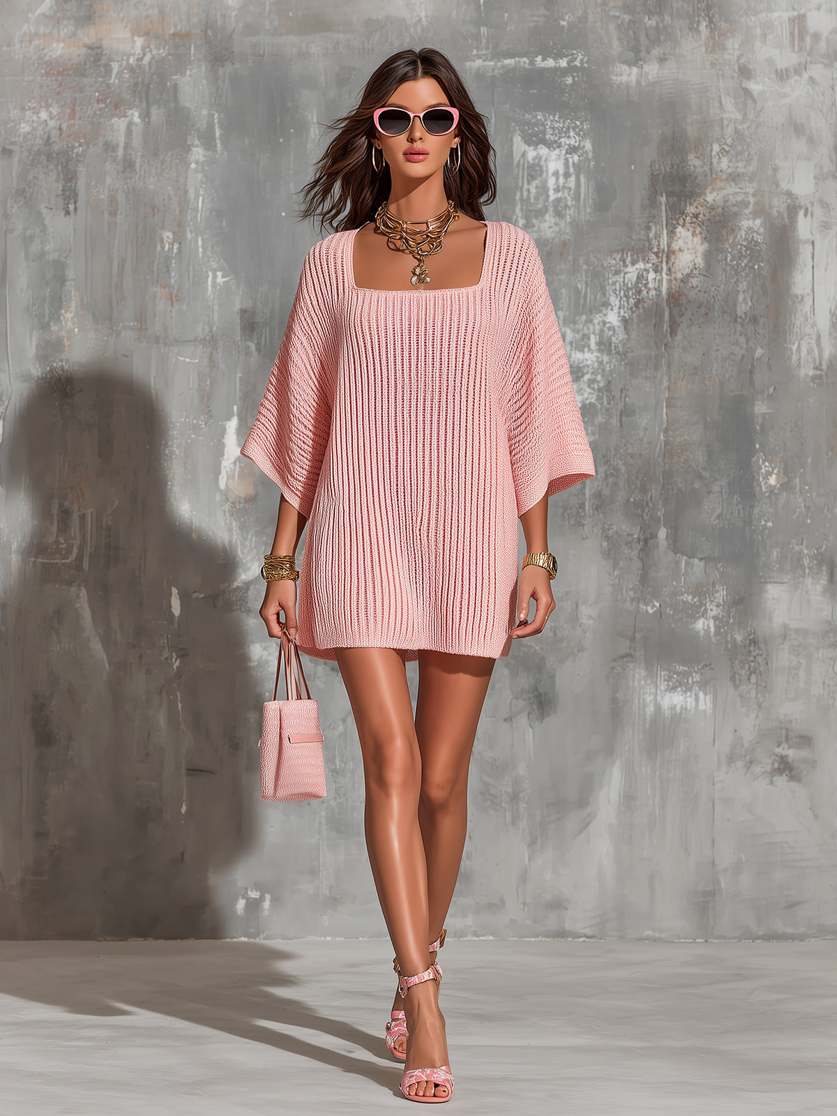 ElevenOra Chic Elegant Pink Square-Neck Half-Flare-Sleeve Oversize A-Line Ribbed Knit Mini Dress