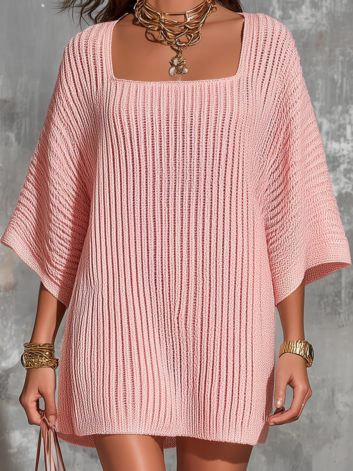 ElevenOra Chic Elegant Pink Square-Neck Half-Flare-Sleeve Oversize A-Line Ribbed Knit Mini Dress