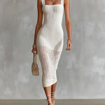 ElevenOra Chic Elegant White Square-Neck Sleeveless Slim-Fit Hollow-Out Hem Ribbed Knit Midi Dress