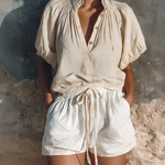 ElevenOra Chic Casual Beige Stand-Collar Button-Front Puff Sleeves Loose-Fit Crinkle Cotton-Linen Blend Shirt Top