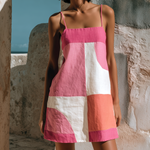 ElevenOra Chic Casual Pink-White Colorblock Spaghetti-Strap Square-Neck Sleeveless Loose-Fit Cotton-Linen Blend Mini Dress