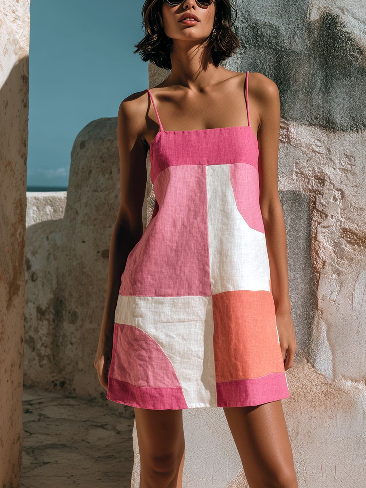 ElevenOra Chic Casual Pink-White Colorblock Spaghetti-Strap Square-Neck Sleeveless Loose-Fit Cotton-Linen Blend Mini Dress