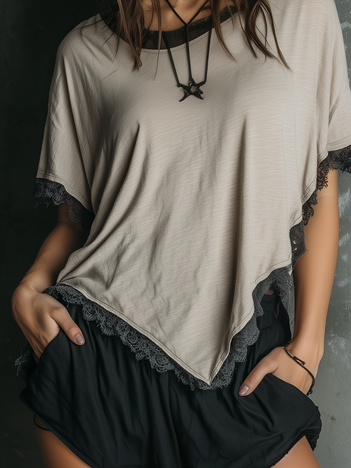 ElevenOra Chic Casual Oatmeal Crew-Neck Batwing Sleeve Contrast Lace-Trim Oversize Asymmetric Hem Slub Cotton Fabric T-Shirt Top
