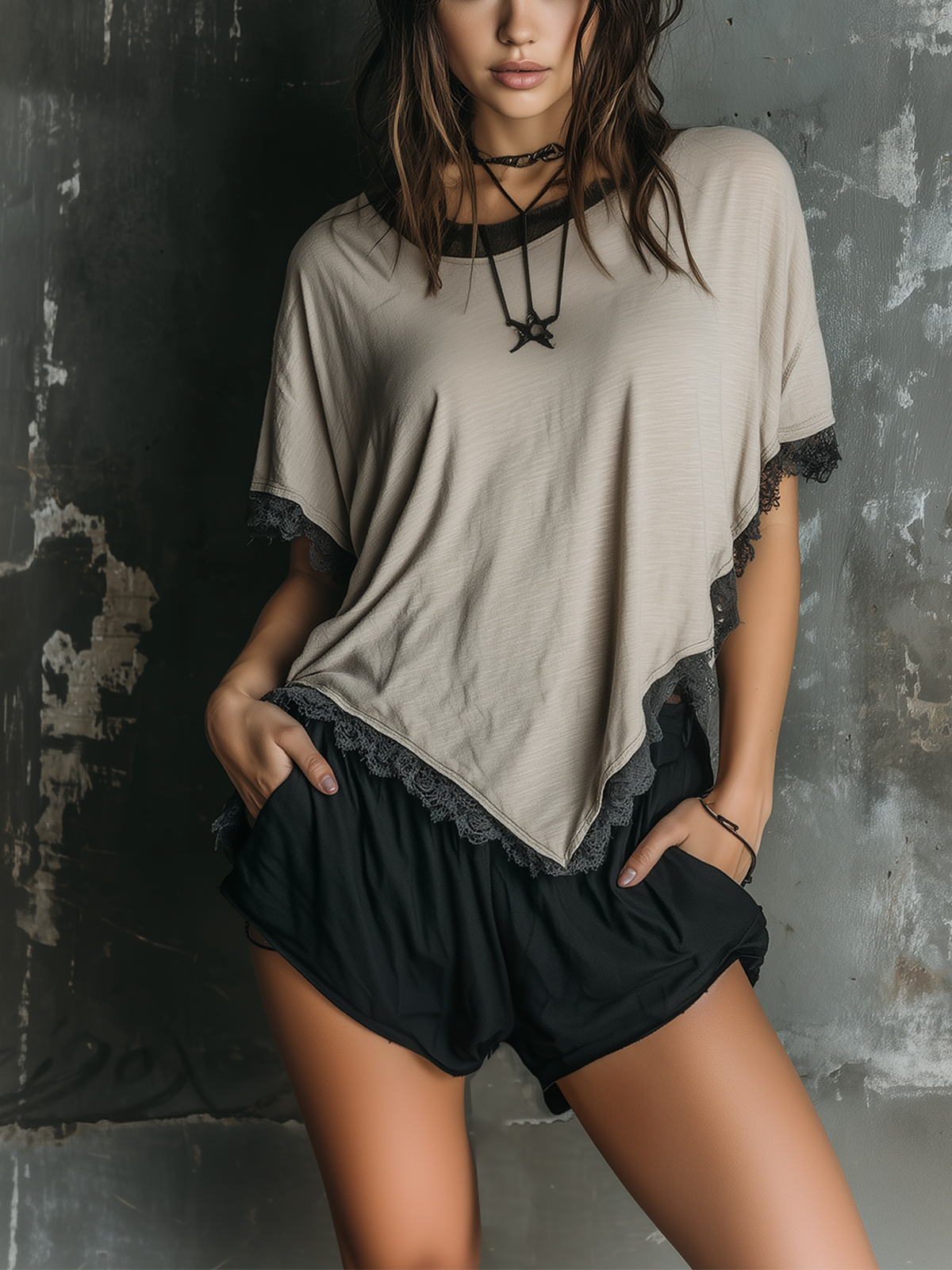 ElevenOra Chic Casual Oatmeal Crew-Neck Batwing Sleeve Contrast Lace-Trim Oversize Asymmetric Hem Slub Cotton Fabric T-Shirt Top