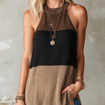 ElevenOra Chic Elegant Camel-Black Colorblock Round-Halter-Neck Sleeveless A-Line Loose-Fit Knit Vest Top