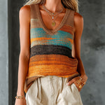 ElevenOra Chic Elegant Orange-Blue Colorblock V-Neck Sleeveless A-Line Loose-Fit Knit Vest Top