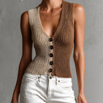 ElevenOra Chic Elegant Brown-Camel Colorblock V-Neck Sleeveless Single-Breasted Slim-Fit Knit Vest Top