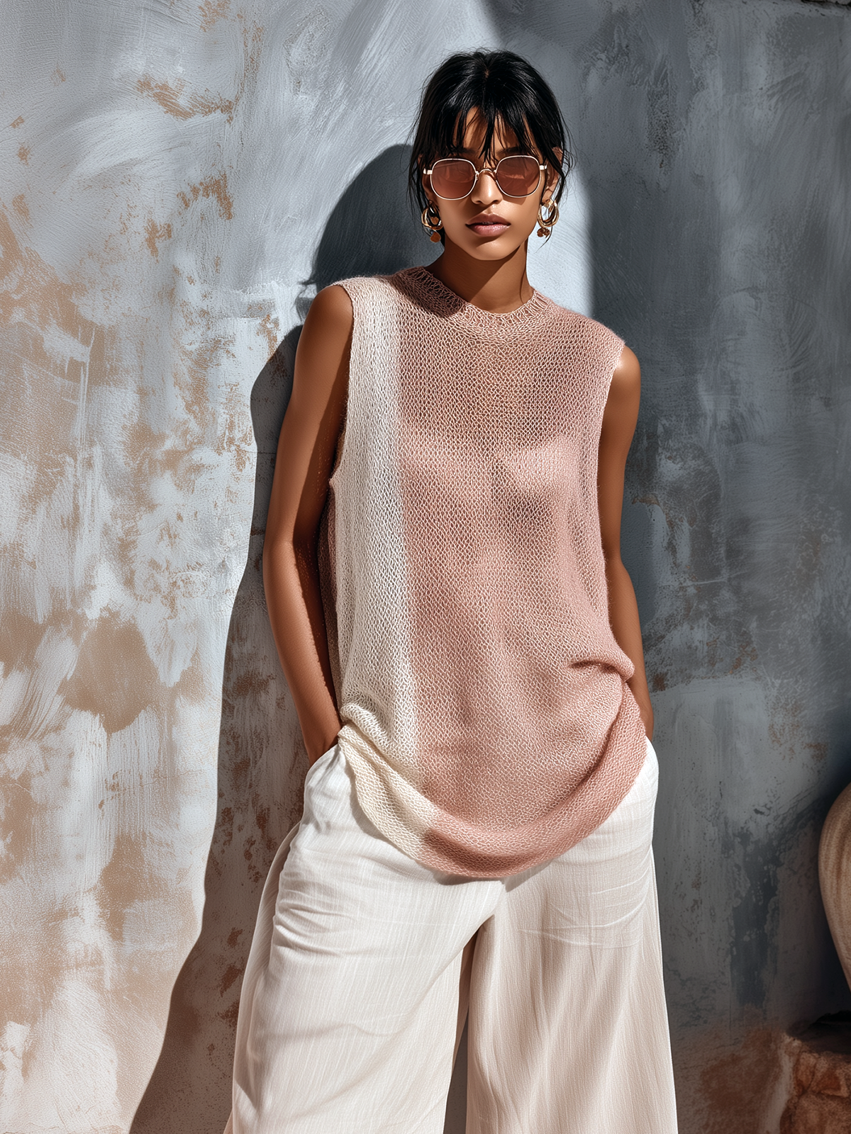 ElevenOra Chic Casual Pink-White Colorblock Crew-Neck Sleeveless Loose-Fit Mesh Knit Vest Top