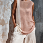 ElevenOra Chic Casual Pink-White Colorblock Crew-Neck Sleeveless Loose-Fit Mesh Knit Vest Top
