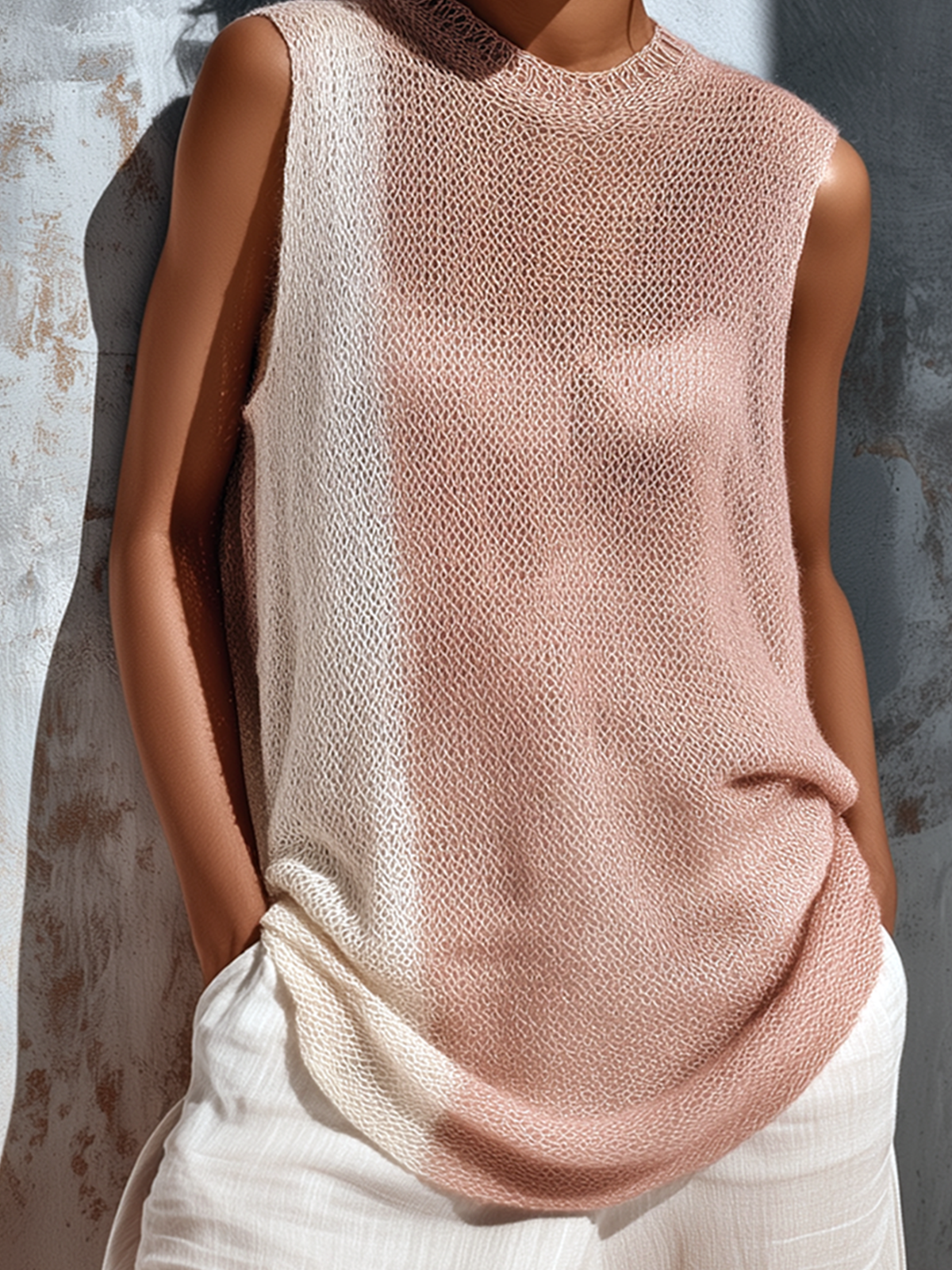ElevenOra Chic Casual Pink-White Colorblock Crew-Neck Sleeveless Loose-Fit Mesh Knit Vest Top