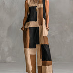 ElevenOra Chic Elegant Camel-Black Geometrical Colorblock Printed Round-Neck Sleeveless Loose-Fit Jumpsuit