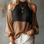 ElevenOra Chic Elegant Camel-Black Colorblock Round-Neck Cold-Shoulder Lantern-Sleeve Loose-Fit Knit Sweater Top