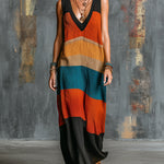 ElevenOra Chic Elegant Orange-Black Colorblock V-Neck Sleeveless Loose-Fit A-Line Breathable Knit Maxi Dress