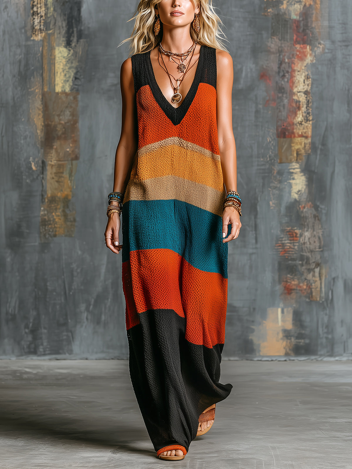 ElevenOra Chic Elegant Orange-Black Colorblock V-Neck Sleeveless Loose-Fit A-Line Breathable Knit Maxi Dress