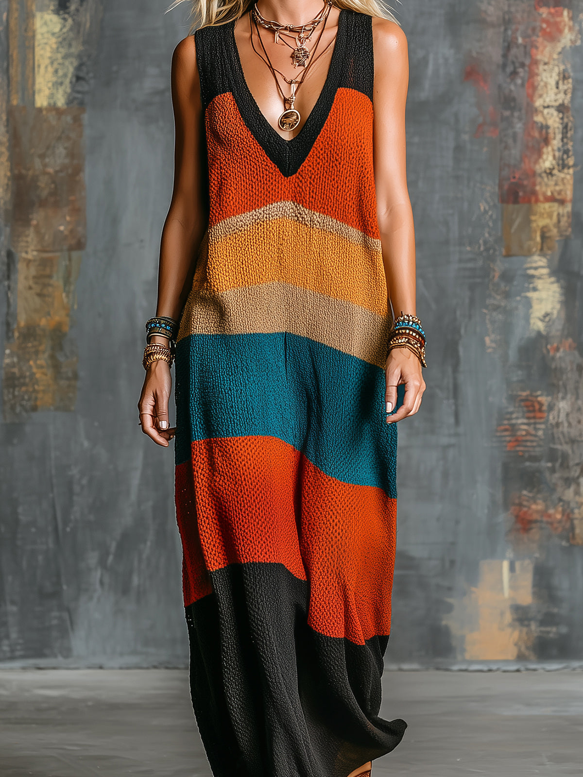 ElevenOra Chic Elegant Orange-Black Colorblock V-Neck Sleeveless Loose-Fit A-Line Breathable Knit Maxi Dress