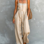 ElevenOra Chic Elegant Beige Stripes Cotton-Linen Blend Spaghetti Straps Square-Neck Sleeveless Loose-Fit Straight-Leg Jumpsuit