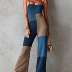 ElevenOra Chic Elegant Blue-Camel Colorblock Spaghetti Straps Square-Neck Sleeveless Slim-Fit Ribbed Knit Wide-Leg Jumpsuit