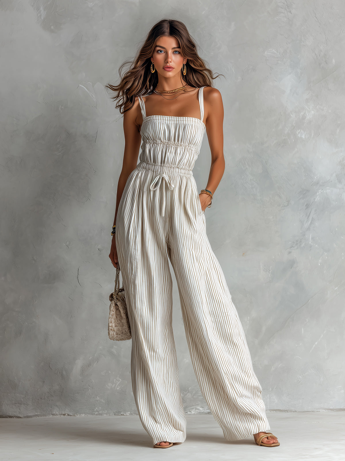 ElevenOra Chic Elegant Beige Stripes Cotton-Linen Blend Spaghetti Straps Square-Neck Sleeveless Drawstring-Waist Wide-Leg Jumpsuit