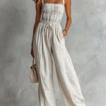 ElevenOra Chic Elegant Beige Stripes Cotton-Linen Blend Spaghetti Straps Square-Neck Sleeveless Drawstring-Waist Wide-Leg Jumpsuit