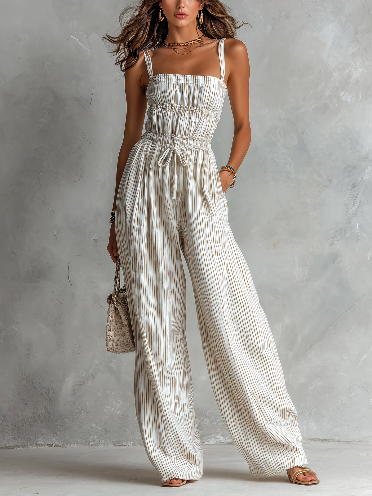 ElevenOra Chic Elegant Beige Stripes Cotton-Linen Blend Spaghetti Straps Square-Neck Sleeveless Drawstring-Waist Wide-Leg Jumpsuit
