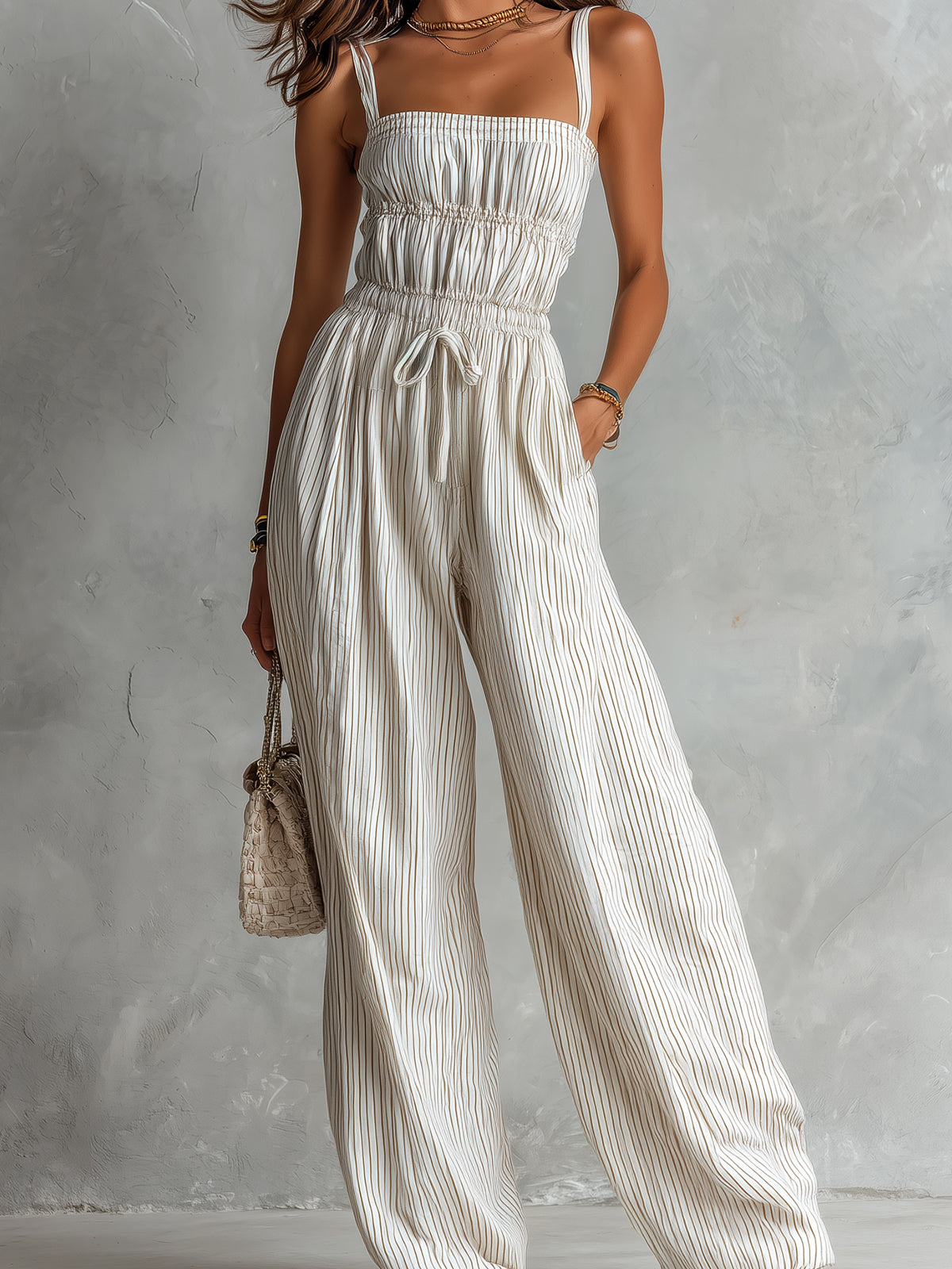 ElevenOra Chic Elegant Beige Stripes Cotton-Linen Blend Spaghetti Straps Square-Neck Sleeveless Drawstring-Waist Wide-Leg Jumpsuit