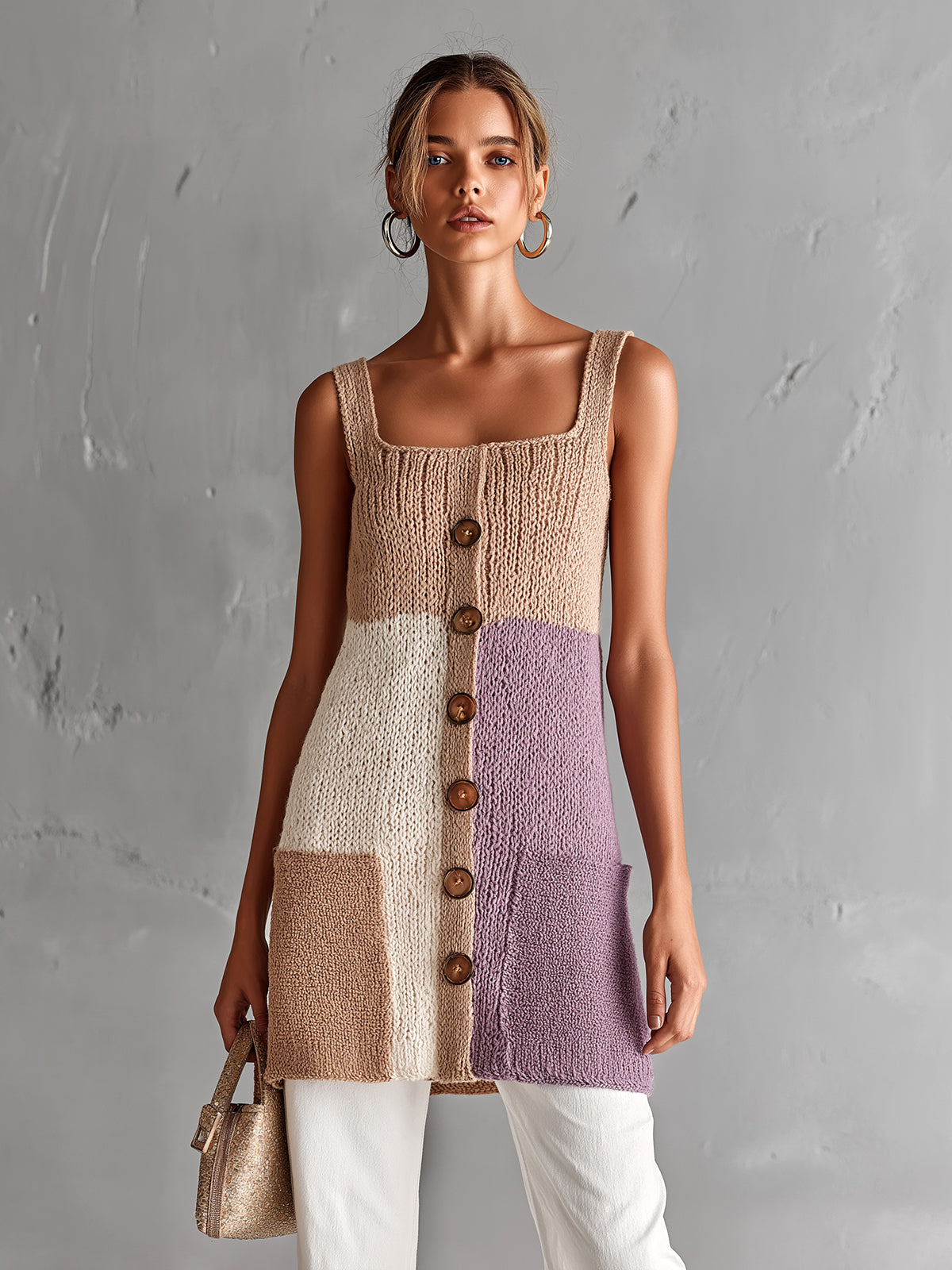 ElevenOra Chic Elegant Camel-Purple Colorblock Square-Neck Sleeveless Patch Pockets A-Line Loose-Fit Knit Vest Top