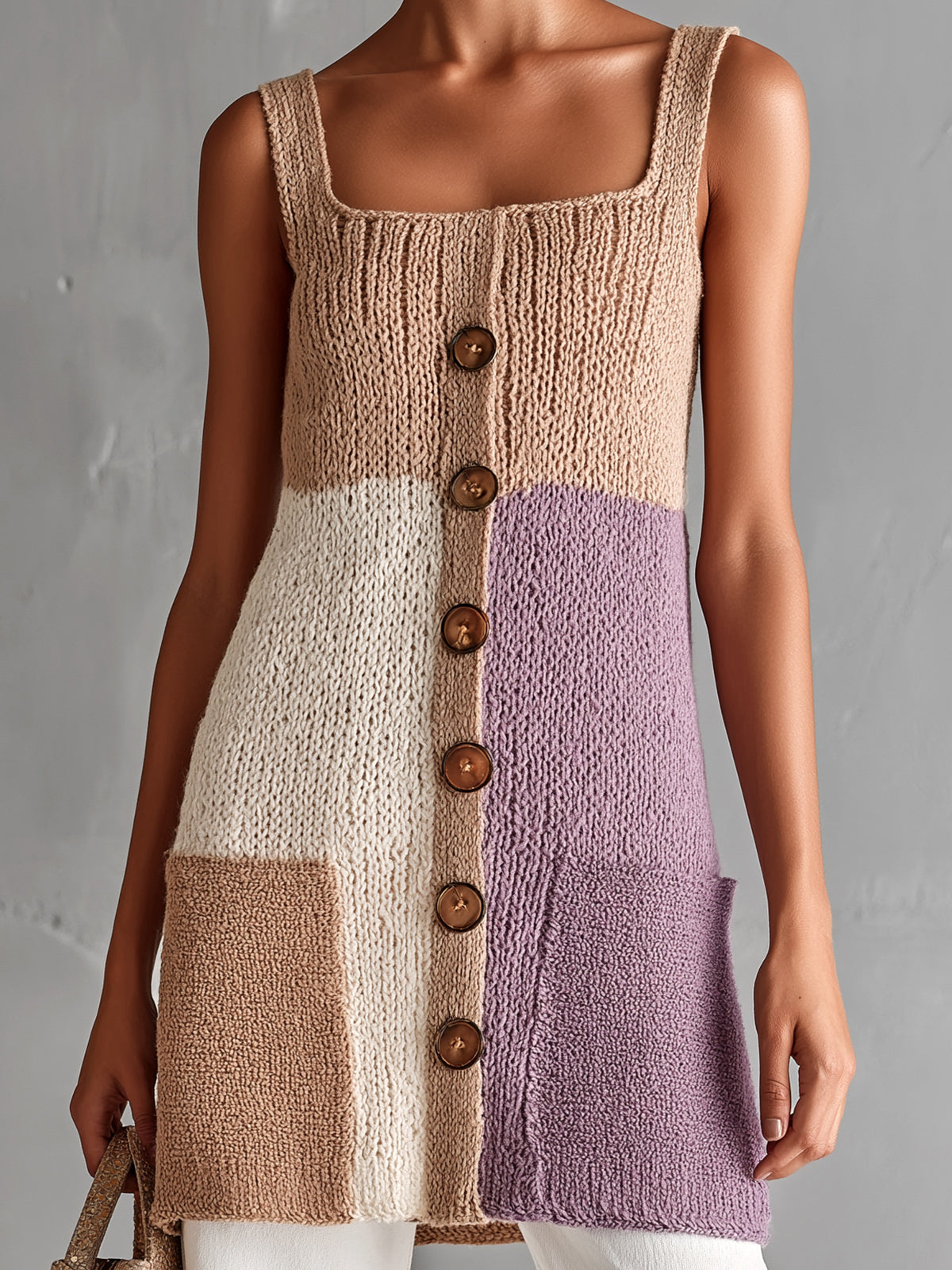 ElevenOra Chic Elegant Camel-Purple Colorblock Square-Neck Sleeveless Patch Pockets A-Line Loose-Fit Knit Vest Top