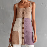 ElevenOra Chic Elegant Camel-Purple Colorblock Square-Neck Sleeveless Patch Pockets A-Line Loose-Fit Knit Vest Top