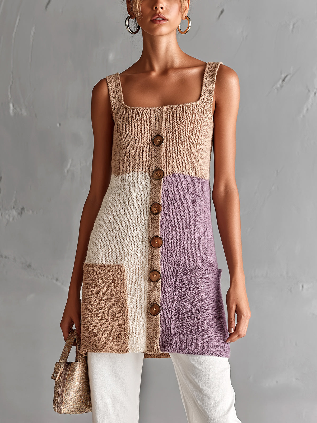 ElevenOra Chic Elegant Camel-Purple Colorblock Square-Neck Sleeveless Patch Pockets A-Line Loose-Fit Knit Vest Top