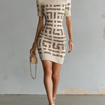 ElevenOra Chic Elegant Beige-Brown Geometrical Jacquard Off-The-Shoulder Short-Sleeve Slim-Fit Knit Mini Dress