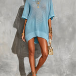 ElevenOra Chic Elegant Blue Square-Neck Short-Sleeve Rib Detail Loose-Fit Mesh Knit Mini Dress