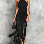 ElevenOra Chic Elegant Black Melange Round-Halter-Neck Sleeveless Fringe Hem Detail Slim-Fit Knit Maxi Dress