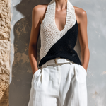 ElevenOra Chic Elegant Black-White Colorblock Halter V-Neck Sleeveless Loose-Fit Mesh Knit Tank Top