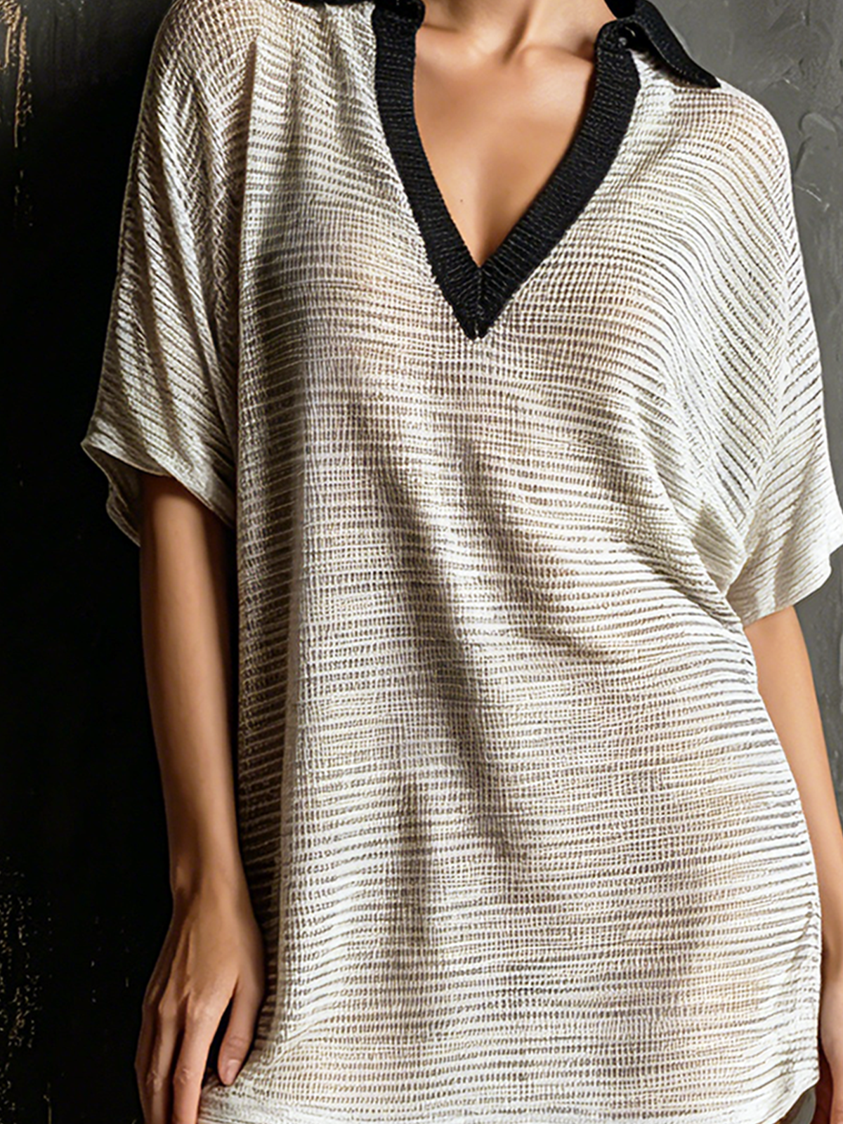 ElevenOra Chic Elegant Off-White Contrast Lapel Collar V-Neck Short Sleeve Loose-Fit Open Striped Mesh Knit Mini Dress