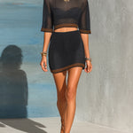 ElevenOra Chic Elegant Black Round-Neck Half-Sleeve Golden Trim Detail Cropped Top Bodycon Mini Skirt Mesh-Knit Two-Piece Set