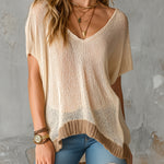 ElevenOra Chic Elegant Beige V-Neck Short-Sleeve Camel Rib Hem Detail Loose-Fit Mesh-Knit Sweater